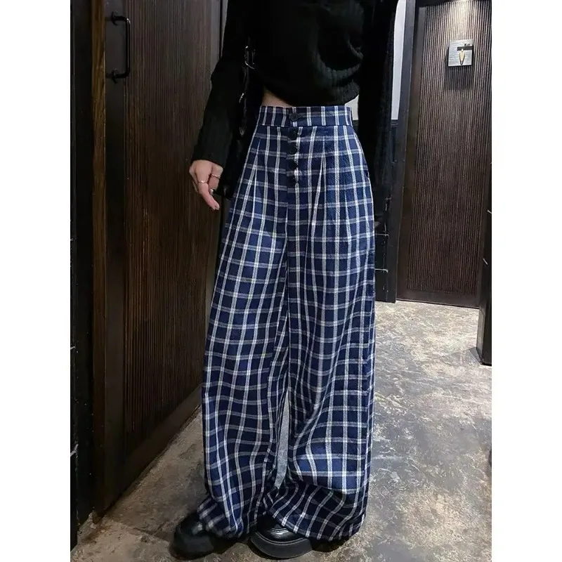 Summer New Retro Blue Plaid Button Pants Women High Waisted Casual Female Students Loose Niche Floor Length Wide Leg Pants