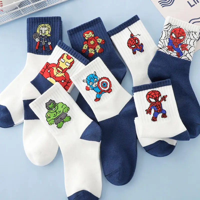 Милые носки с героями Marvel, Человек-паук, Халк, Железный человек, Тор, мультфильм, милые носки до середины икры для мальчиков, креативные красивые универсальные впитывающие пот хлопковые носки