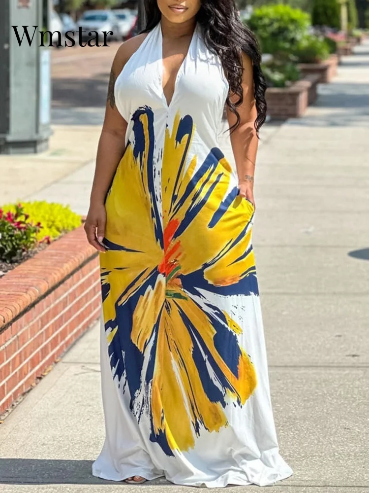 

Wmstar Dresses Wholesale Deep V Neck Loose Casual Floral Print Fashion Street Wear New in Summer Long Dress Drop Shopping