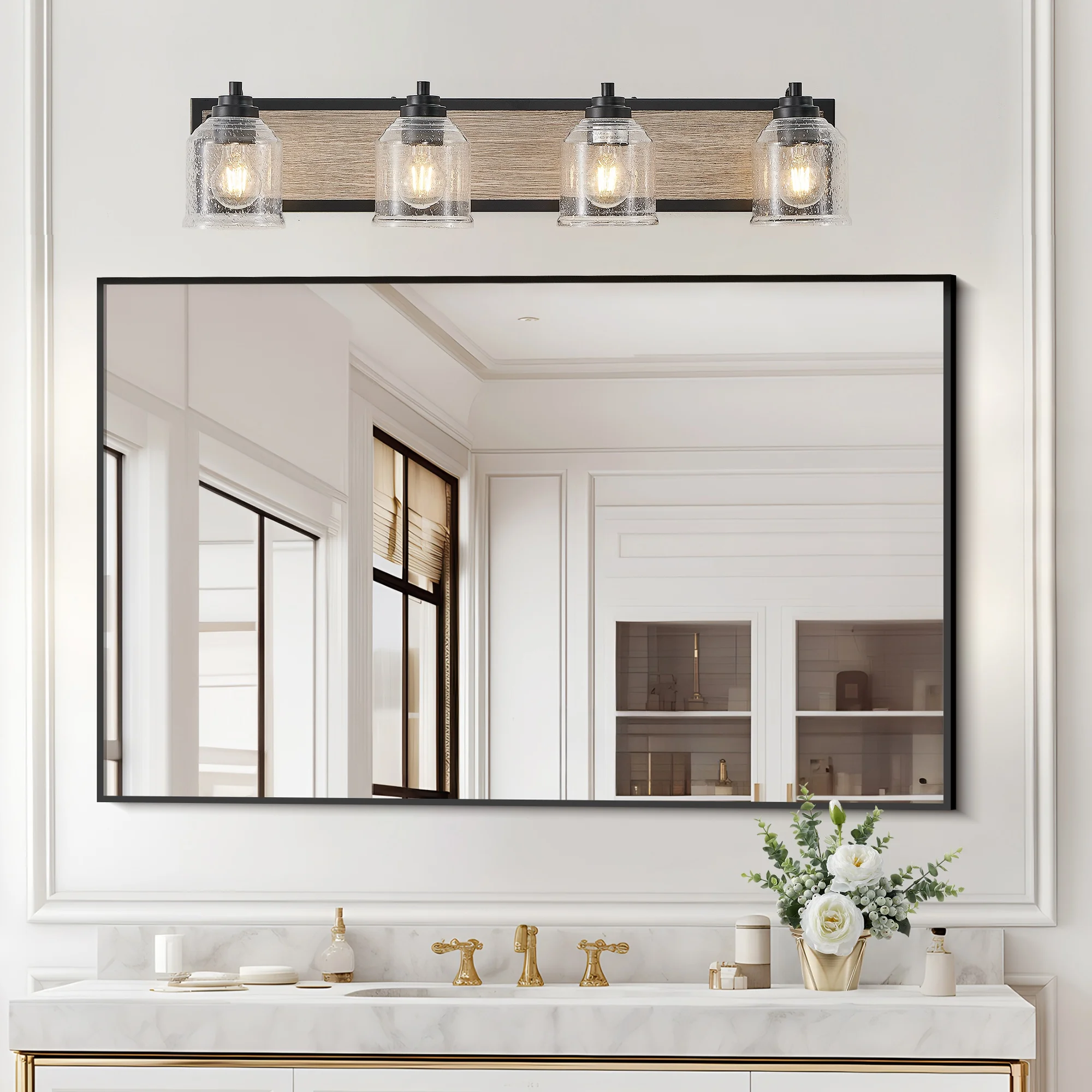 

32" Farmhouse Vanity Light Fixture 4-Light Bathroom Wall Sconce Lighting Clear Seeded Glass Shade Mirror Light Wall Lamp No Bulb