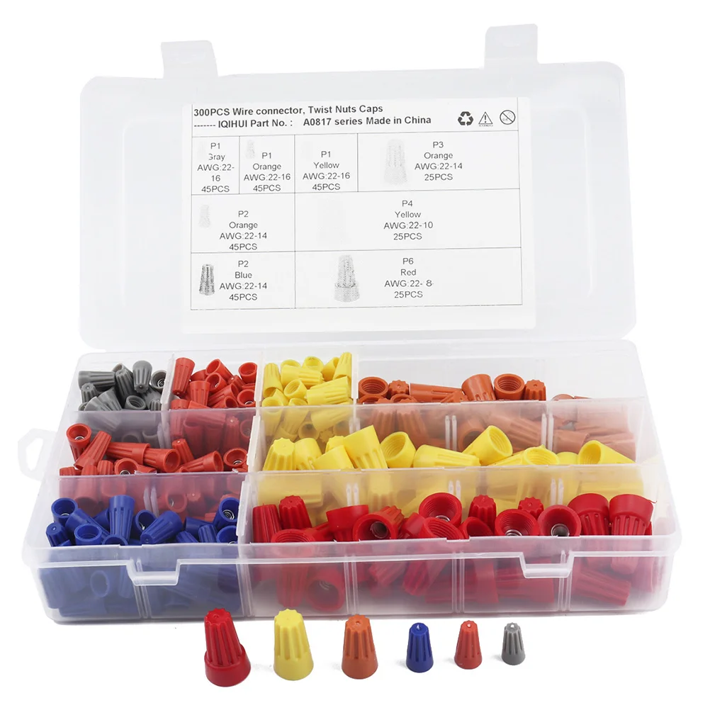 

300pcs Electrical Wire Connectors Set Spring Insert Terminal Nuts Cap For Home Wiring Lighting Screw Terminal Assortment