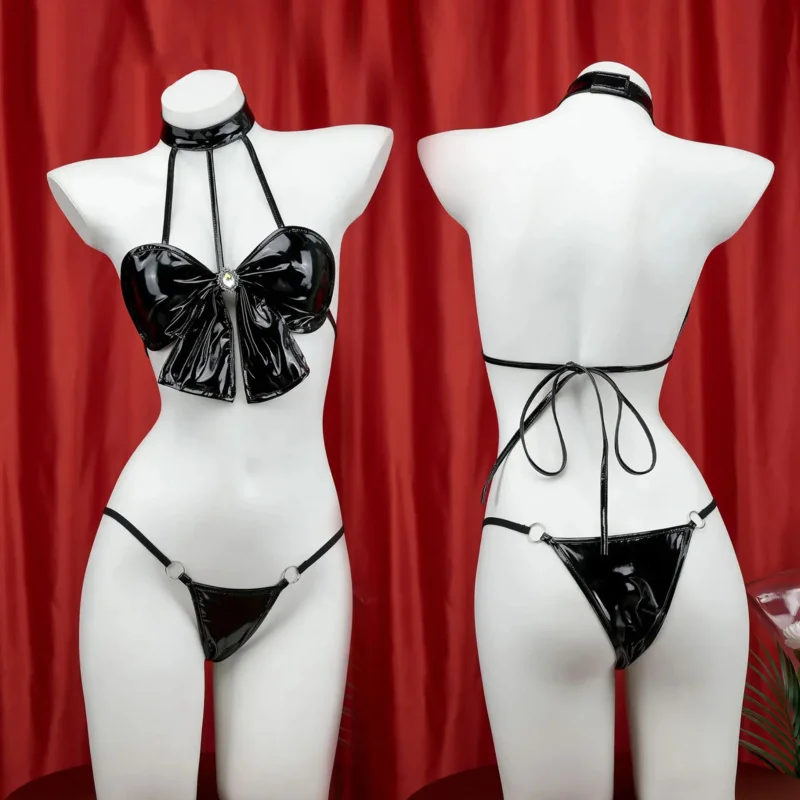 

New 2025 Women Patent Leather Bow Bikini Swimsuit Amine Swimwear Uniform Costume Cosplay Sexy Japanese Role Play Underwear ★ ★ ★