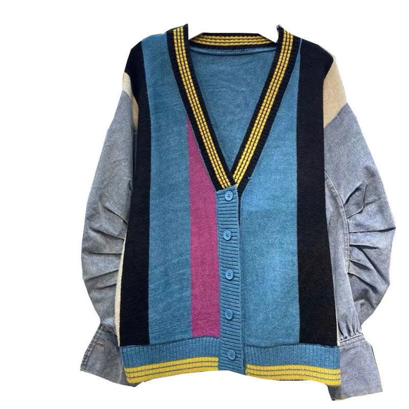 Autumn Winter Korean Style Loose Casual Denim Patchwork Sweater Lady Buttons Top Women Elegant All-match Knitting Cardigan Coat