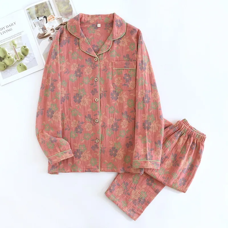 

Новый весенне-летний женский пижамный комплект с длинными рукавами и длинными брюками, комплект из двух предметов из чистого хлопка, креповый жаккардовый домашний костюм