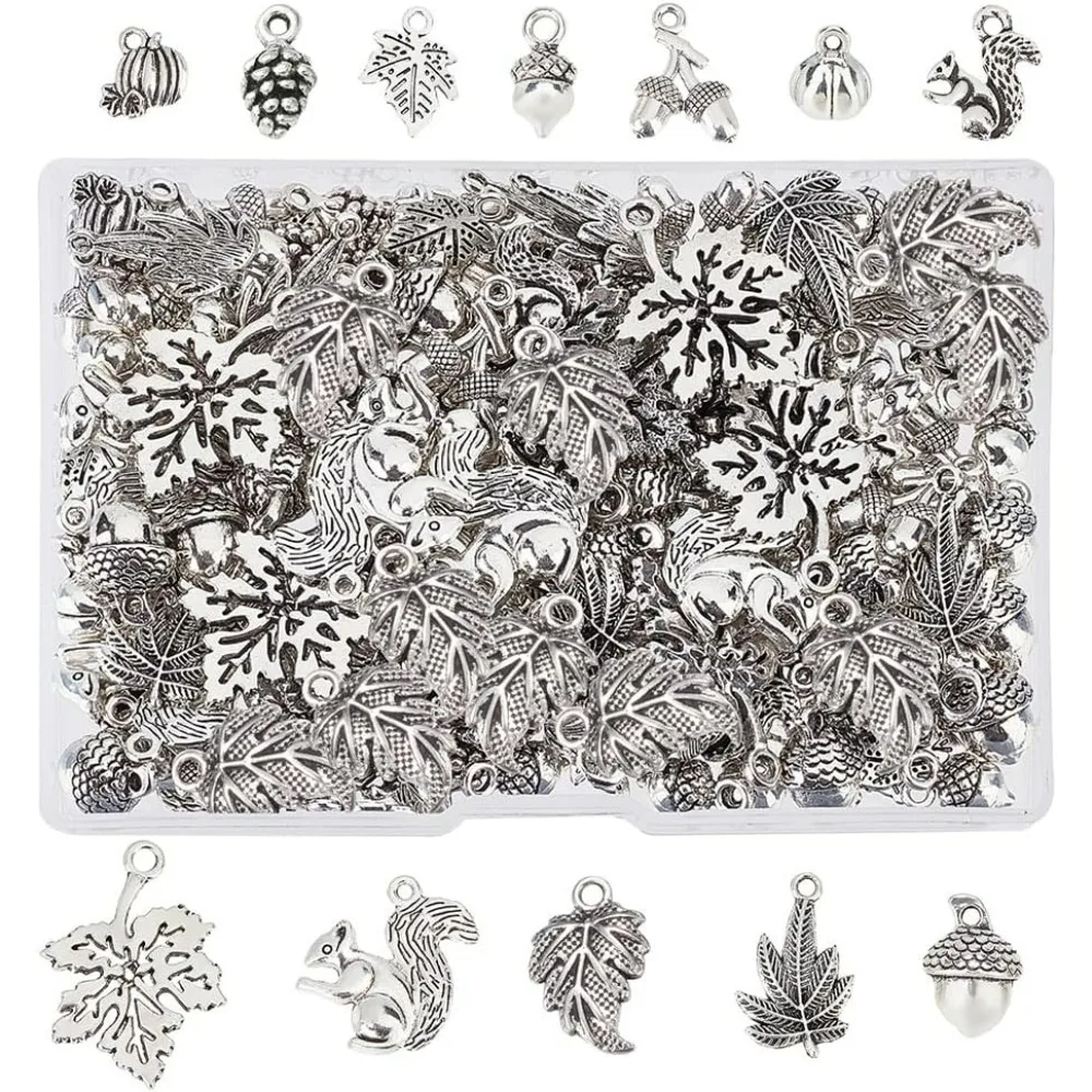 12 Styles 144Pcs Pendants Alloy Maple Leaf Pumpkins Charms Antique Silver Autumn Theme Squirrel Dangle Charms Bracelet