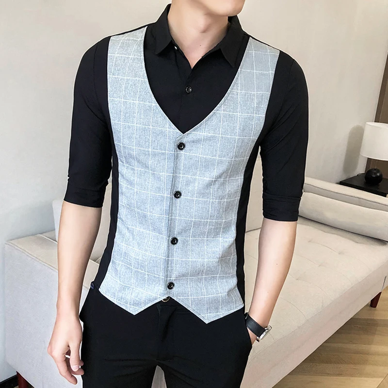 

Fake Two-Piece Tooling Men Clothing Three Quarter Sleeves Shirt Summer High Quality Comfortable Slim Fit Luxury Camisa Masculina