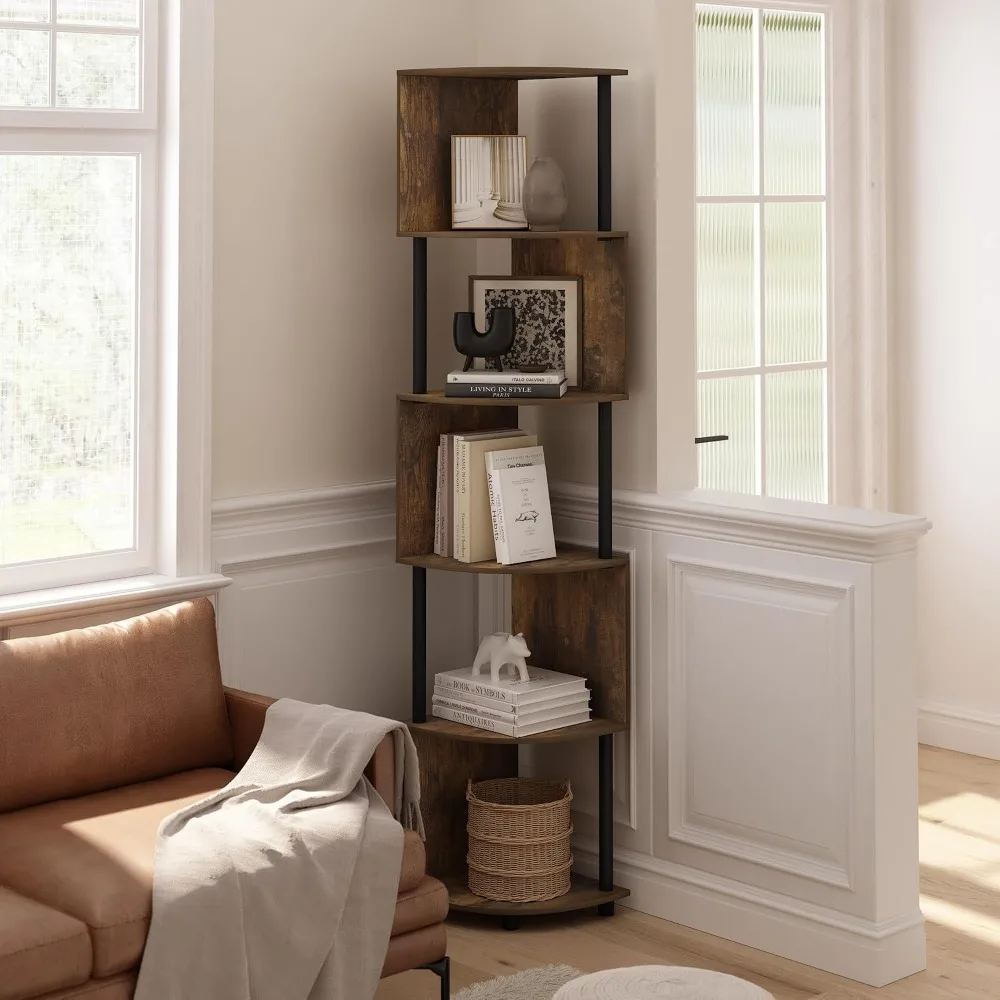 5-Tier Corner Bookshelf, Zigzag Storage Shelves, Display Rack for Living Room, Amber Pine