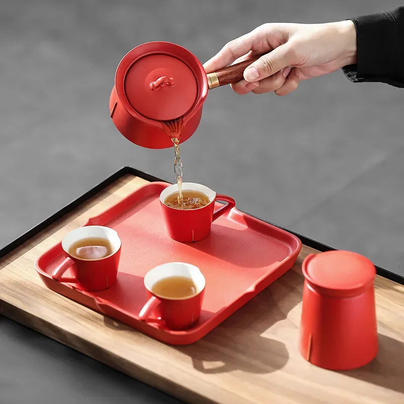 Travel Kung Fu Tea Set Portable Outdoor Ceramic Tea Tray One Pot Three Cups with Can Black White Tea Ceremony Full Tool Gift Set