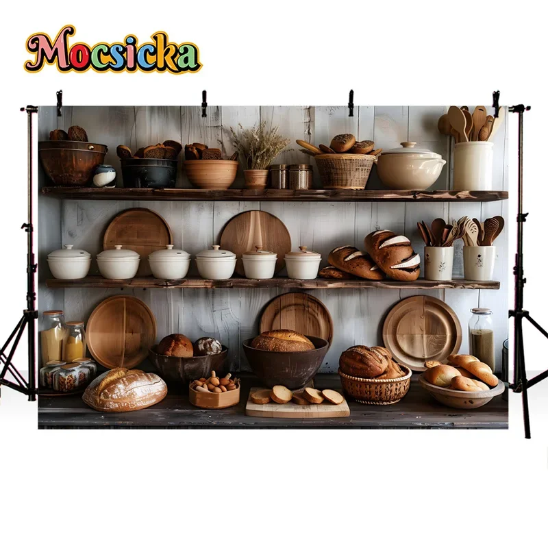Vintage Bakery Kitchen Photography Backdrop Rustic Wooden Shelf Bread Pastry Jar Utensil Scene for Food Shooting Studio Decor