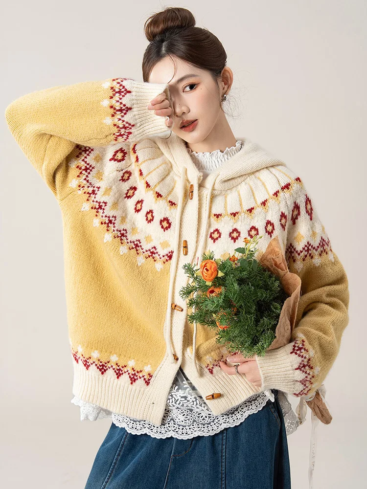 Vintage Jacquard Knitted Cardigan Women Autumn Hooded Horn Button Sweater Female Retro Loose Casual Soft Knitwear Outwear Tops