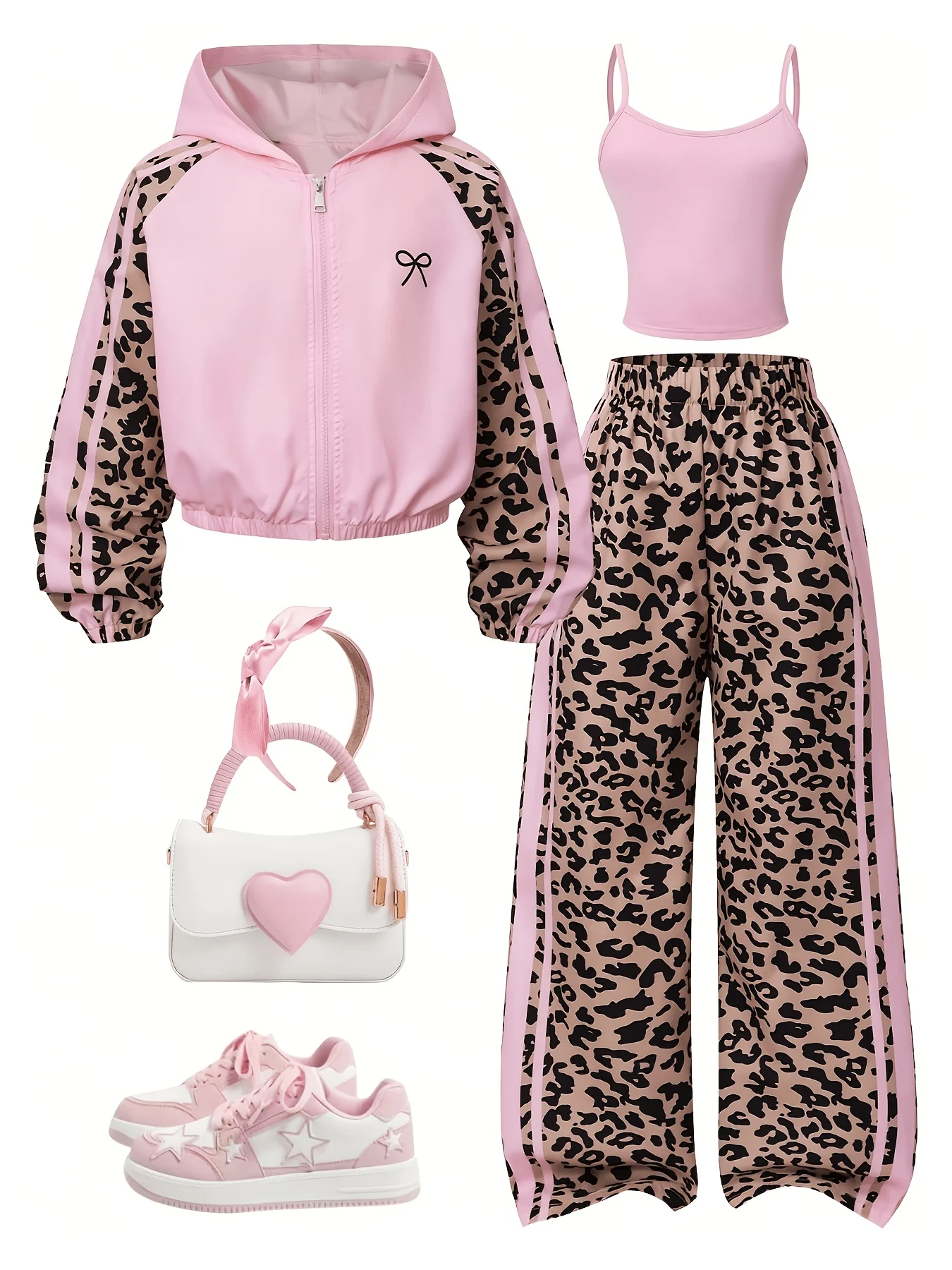 Girls' Autumn Outfit Set: Leopard Print Patchwork Hooded Zip-Up Jacket Paired with a Camisole and Wide-Leg Pants, Three-Piece Set in Pink + Leopard Print, Fashionable and Versatile, Suitable for Girls Aged 7-12