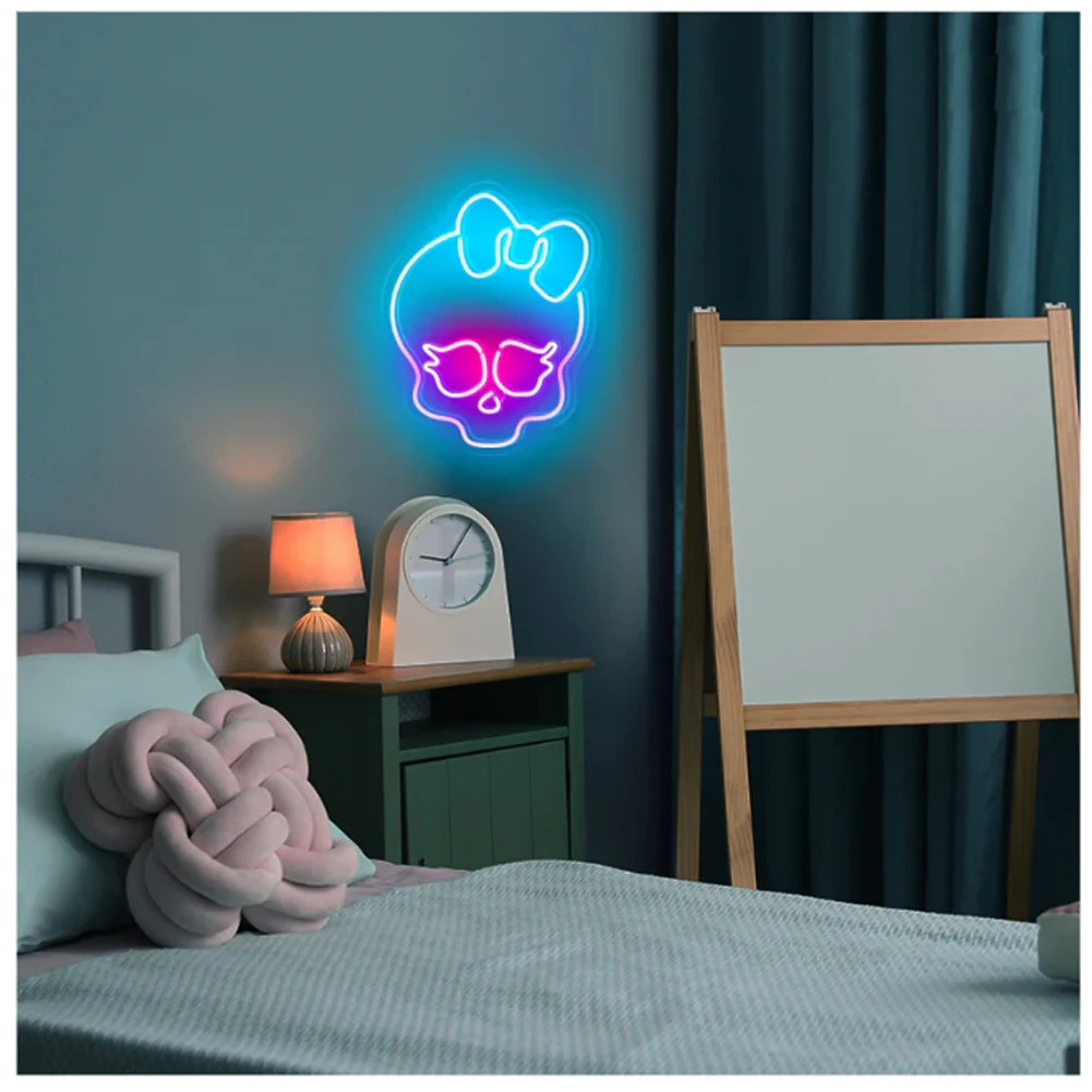 Enseigne au néon mignon crâne nœud papillon pour décor de chambre, lumière au néon monstre, enseigne LED pour la maison, les cavernes d'homme, décoration murale, décoration de petites lumières