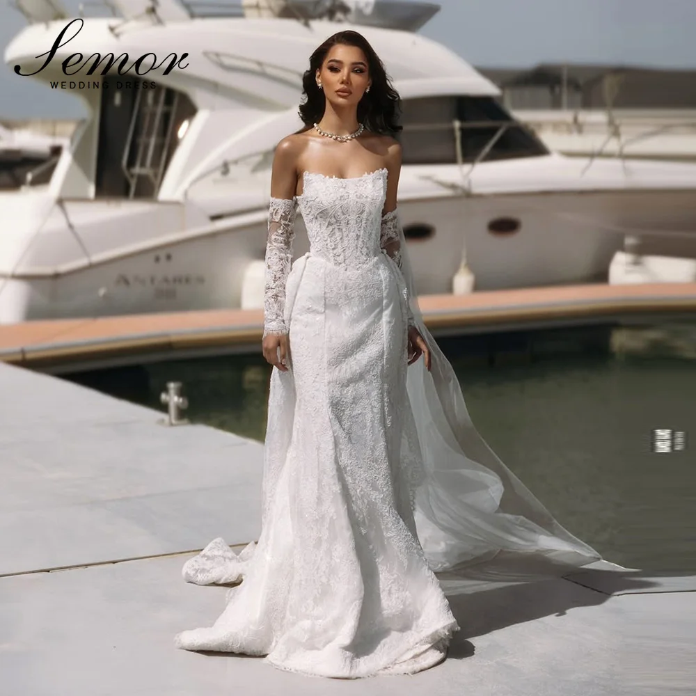 Semor Exquisite Lace Strapless Wedding Dress with Detachable sleeve Customized Mermaid Pleat Dubai Saudi Arabia Bride Gown 2026
