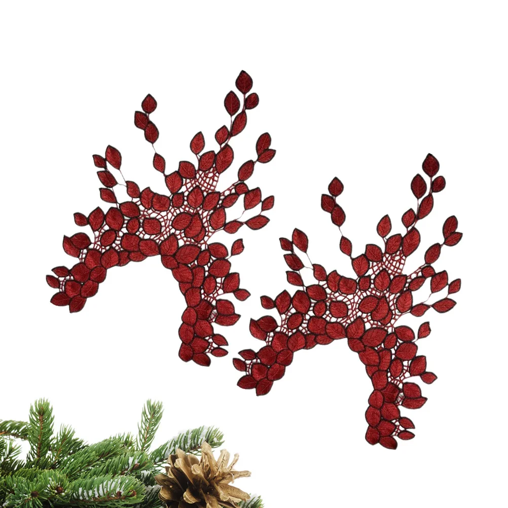Patchs de collier brodés en Nylon Soluble dans l'eau, 2 pièces, en forme de feuilles, motif creux rouge foncé, accessoires pour vêtements pour femmes