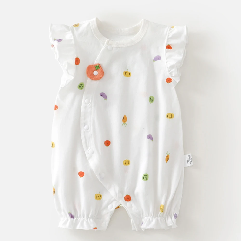 Baby Girl Clothing Summer Lightweight Baby Romper Flutter Sleeve Fruit Vegetable Print 1st Birthday Infant Jumpsuit