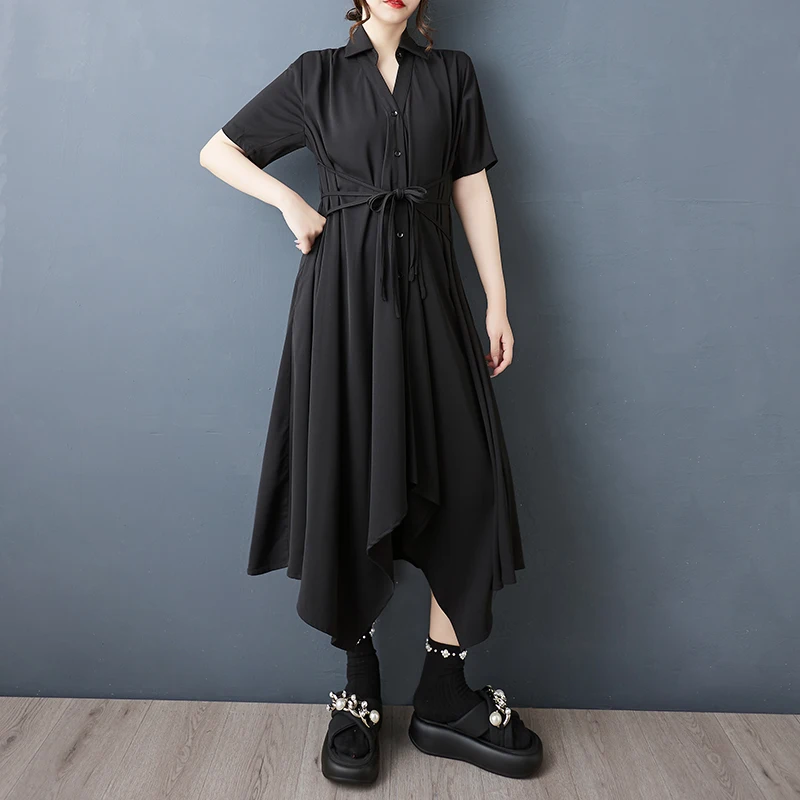 

Summer Casual Loose plus Size Patchwork Short Sleeve Dress Black Belt Waist Type Cotton Polyester Blend Single-Breasted Dress