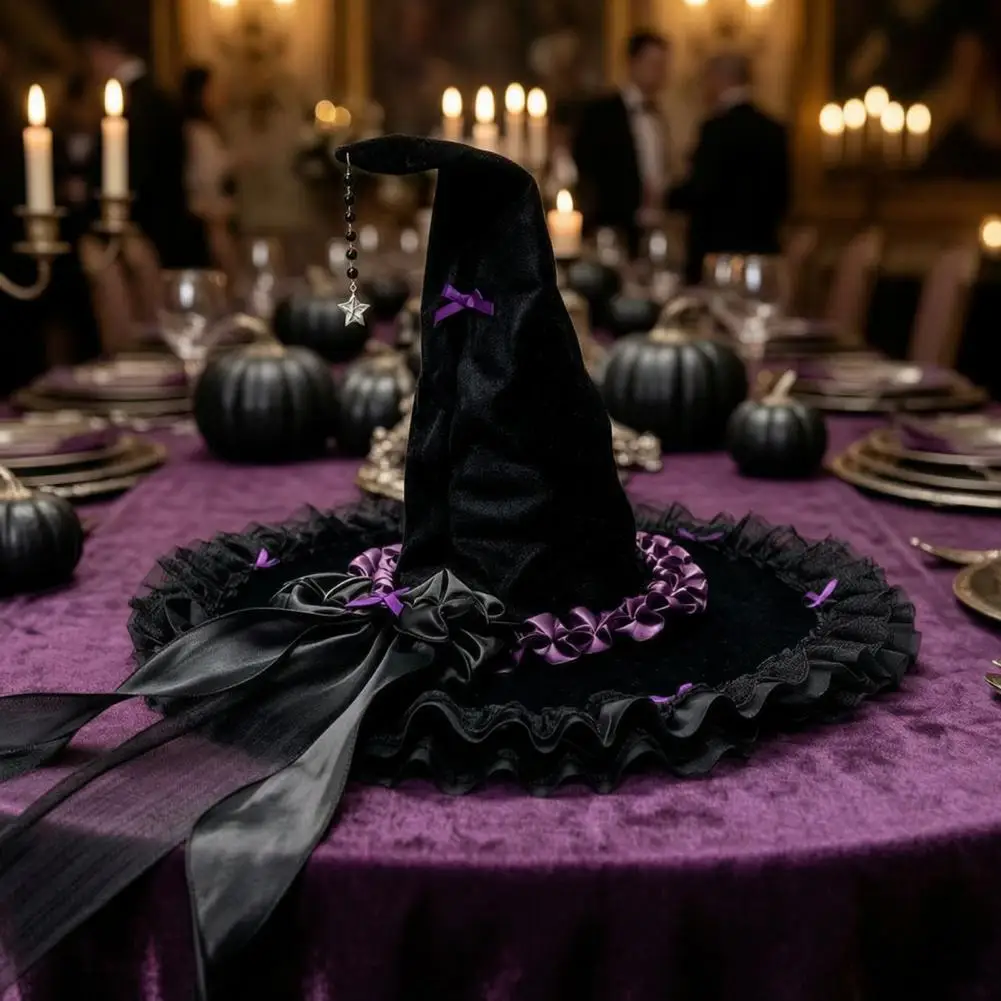 Velvet Witch Hat Halloween Party Decorations Halloween Witch Hat for Women Black Velvet Hat with Mesh Ruffle Brim for Cosplay