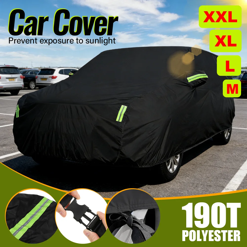 190T Car Cover For SUV Universal All Weather Protection Waterproof Dustproof UV Sunscreen Reflective Strip With Windproof Buckle