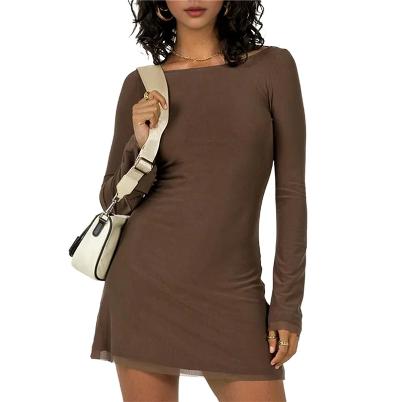 A83F-Mini vestido feminino de manga comprida com decote em barco malha manga sino com amarração nas costas transparente sem costas bodycon Y2k curto