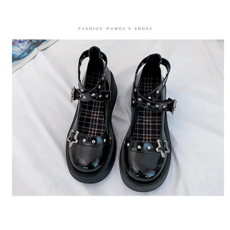 Lolita estrella hebilla Mary Janes mujeres plataforma cruzada charol niñas remache zapatos casuales fiesta yj