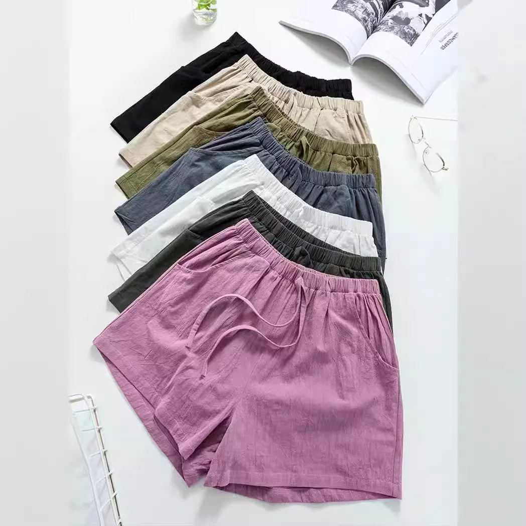 Damen Baumwoll-Leinen-Shorts 2026 – Neue Sommer High-Waist Freizeit-Sportshorts für Damen, einfarbig mit Taschen, lockere Strand-Shorts