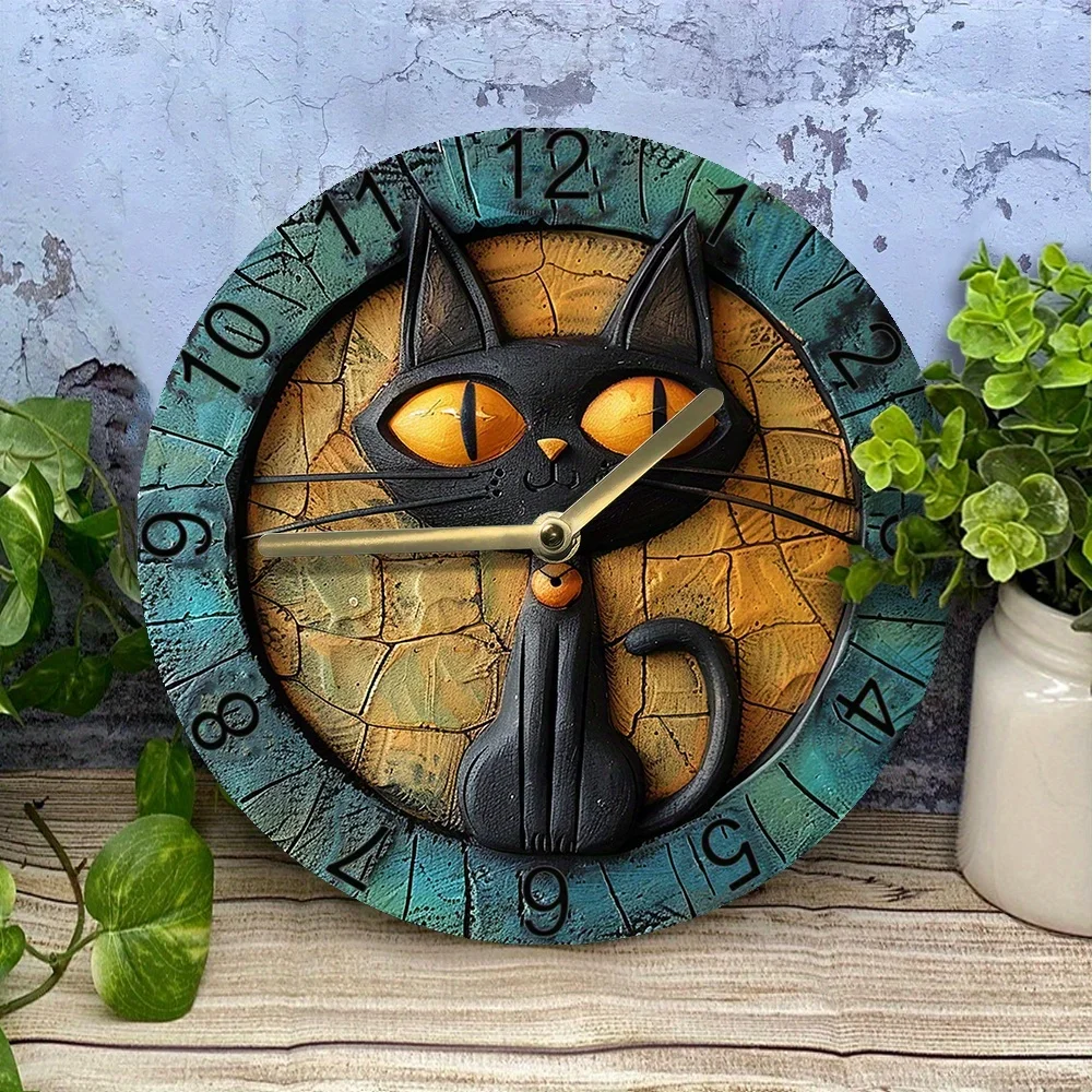 Silent Aluminum Wall Clock With Black Cat Design - Perfect For Pet Lovers & Winter Entrance Decor, Diy Craft Supplies