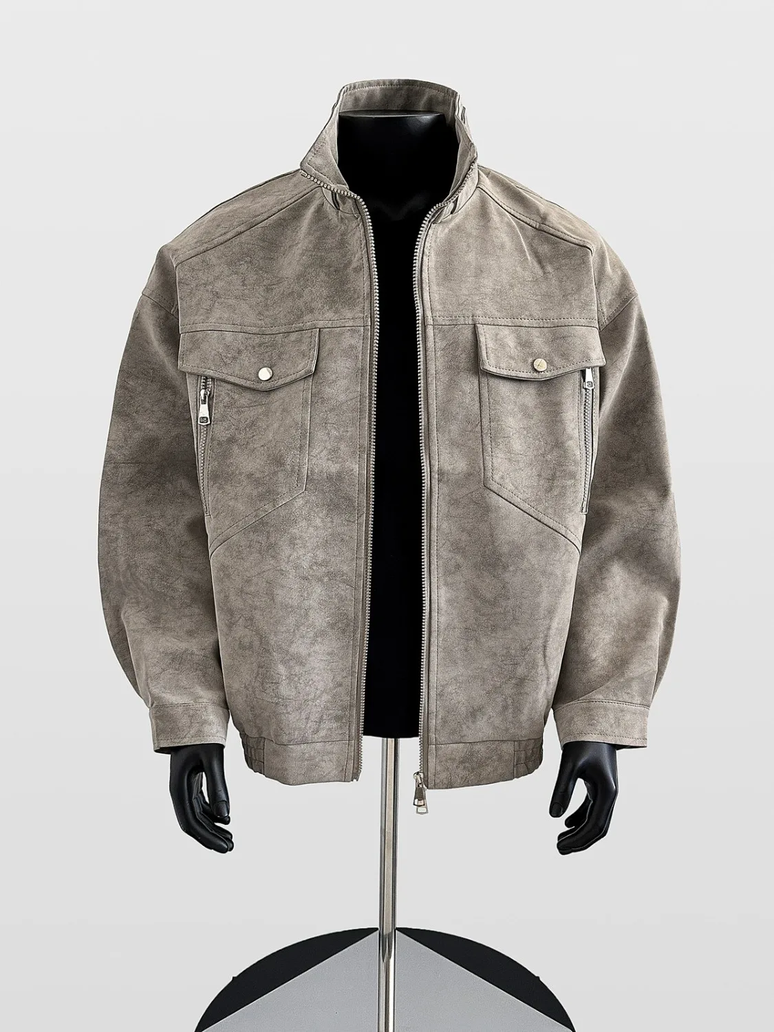 

Retro ey PU Leather Jaet Men's Loose Fit Motorcycle Sle Stand Collar Outerwear Faionable Spring Autumn Casual Coat