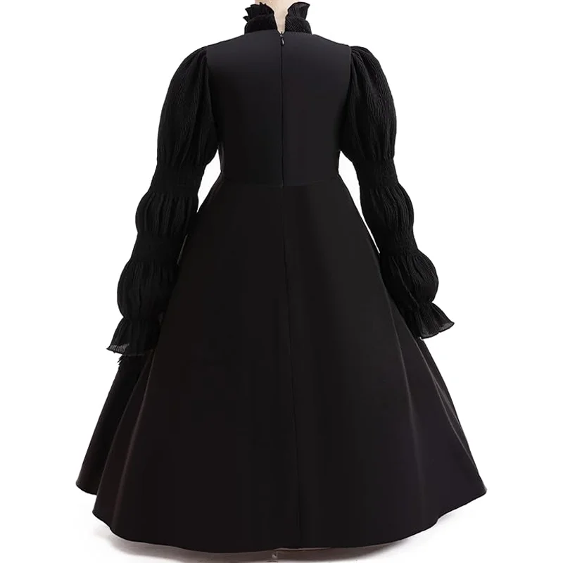 Evil Witch Dress For Girls Black Long Sleeve Flower Dress For Gorgeous Halloween Kids Wizard Performance Carnival Party Outfits