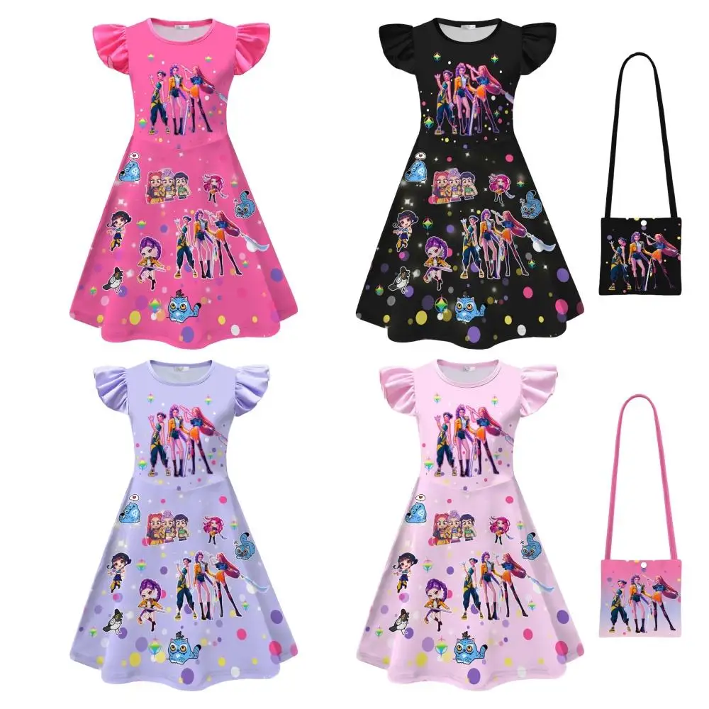 

KPop Demon Hunters Cosplay Dress Huntrix Printed Children Clothing Stage Performance Costume Girl Halloween Party Dress with Bag