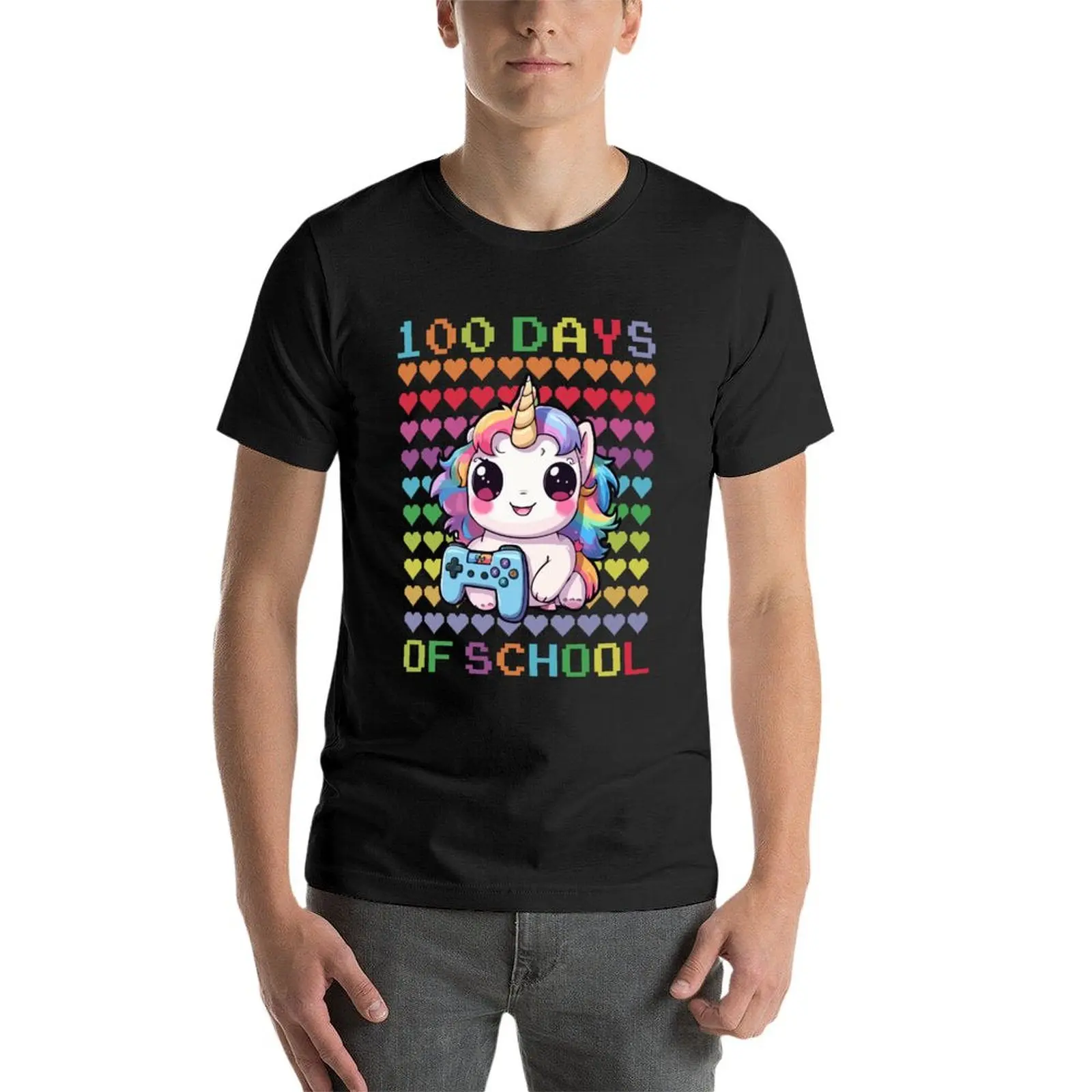 Heart Love 100 Days Of School Cute Unicorn Playing Game insegnante ragazzi ragazze t-shirt asciugatura rapida blanks magliette nere per uomo