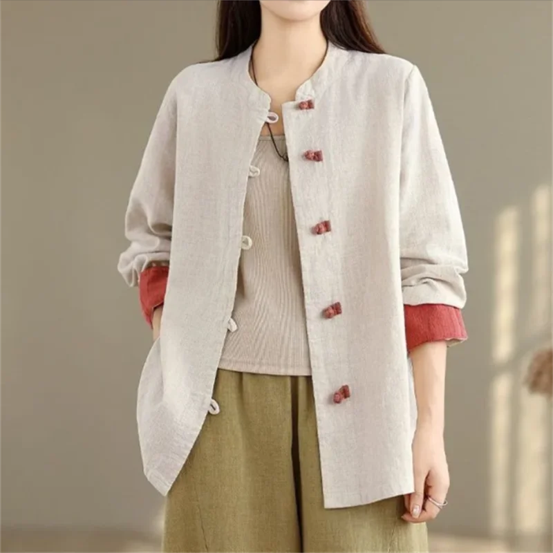 الرجعية فضفاض Bouse المرأة قميص معطف الصينية القطن قميص كتان اللون التباين أبلى الرجعية القرص سترة قميص الإناث #4