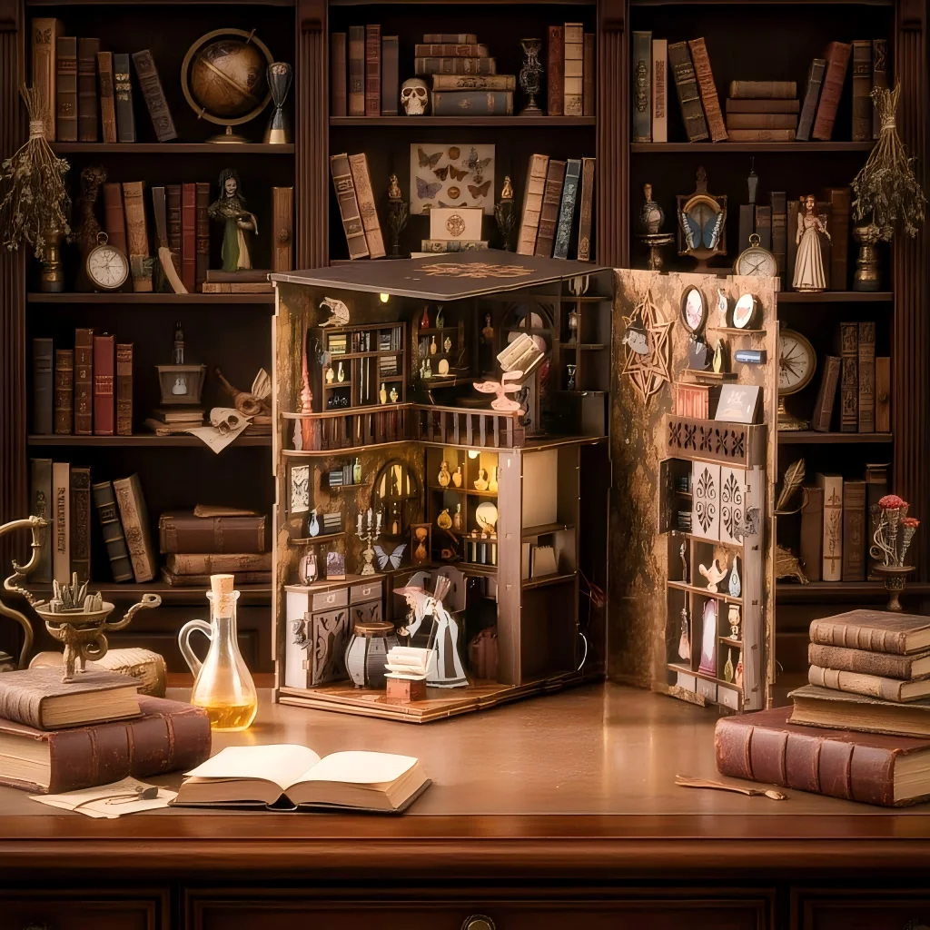 DIY كتاب الزاوية عدة مع أضواء LED بيت الدمية الخشبية ثلاثية الأبعاد لغز التجمع نموذج بناء غلاف لعبة رف الكتب المنزلية إدراج #4