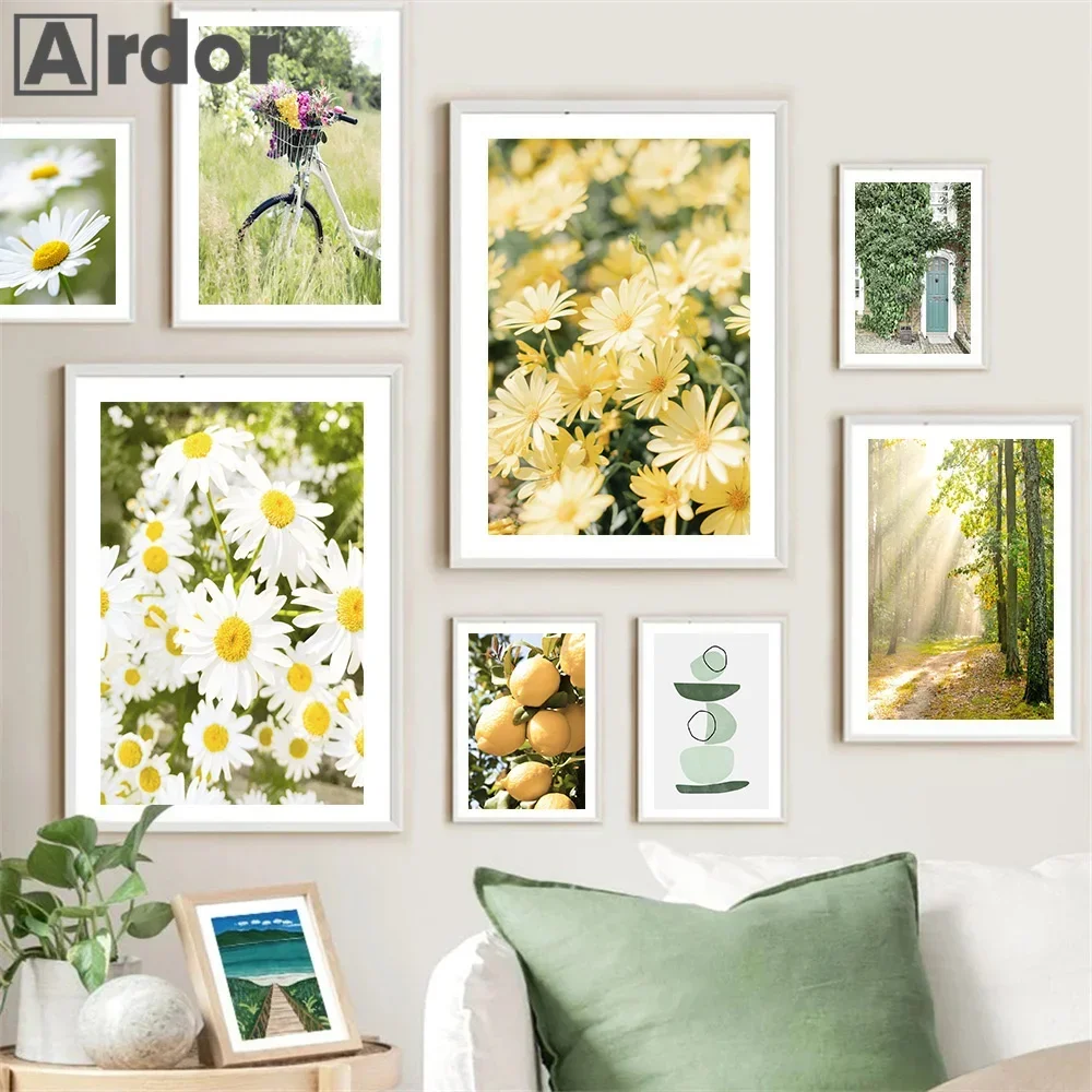 Spring Natural Landscape Posters Bike Lemon Daisy Wall Art Canvas Painting Plants Flower Print Nordic Wall Pictures Home Decor
