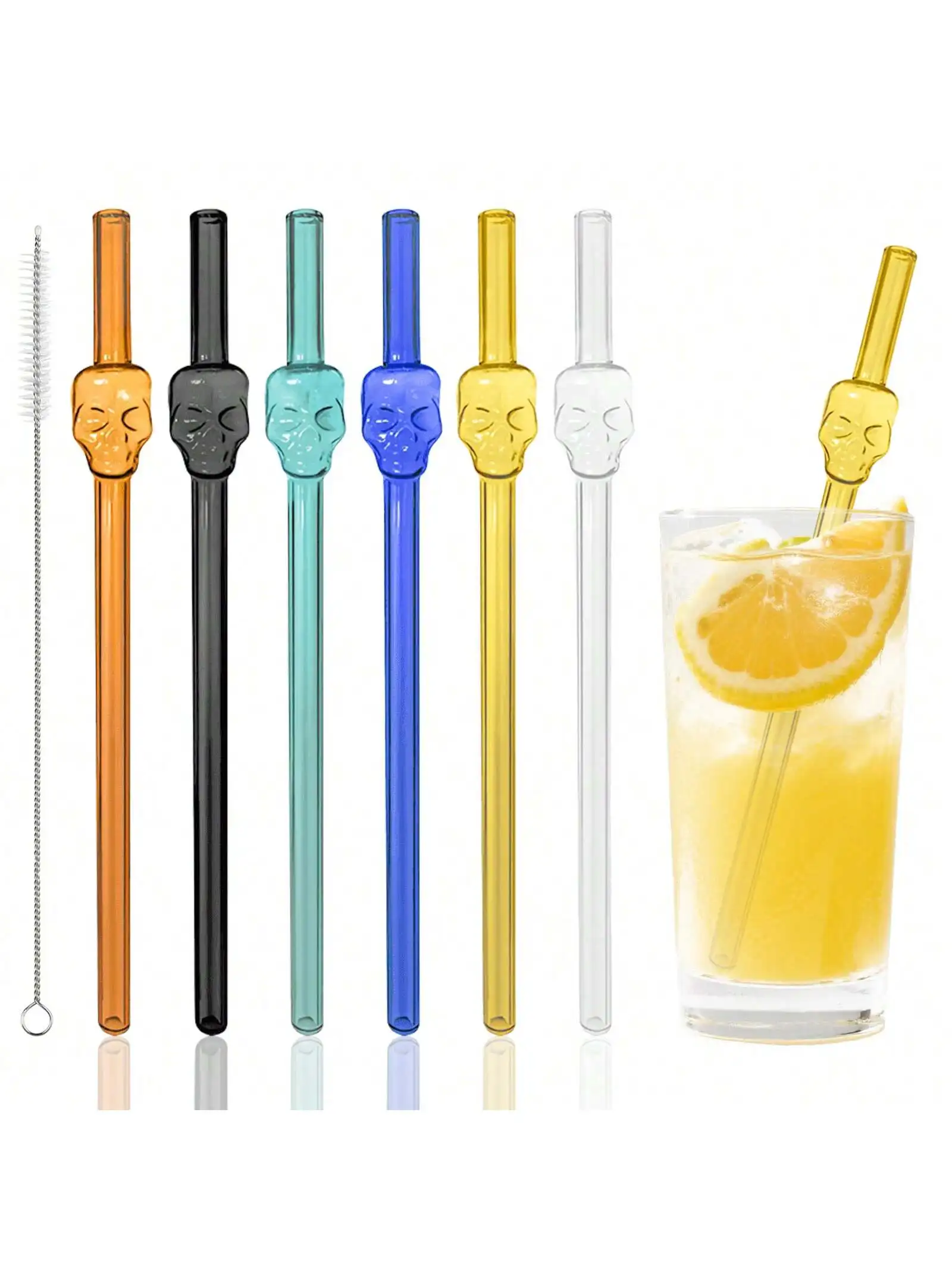 5/7Pcs 1set Skull Glass Straw Reusable Glass Straws Shatter Resistant ，Multicolor Clear High Borosilicate Glass Straws