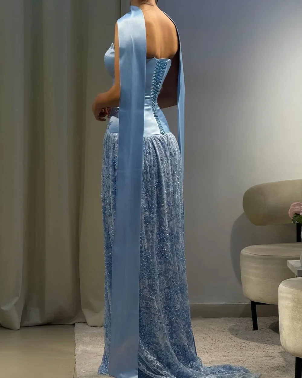 BABYONLINE فساتين سهرة مخصصة مزينة بالدانتيل الساتان للنساء بدون حمالات حورية البحر فساتين شال طويل