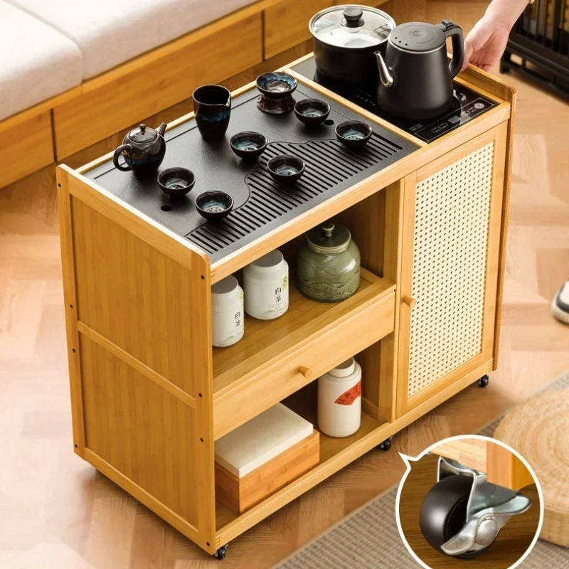 tea cart, household tea cabinet, solid wood small tea table with wheeled coffee table, kung fu tea set, boiling water integrated