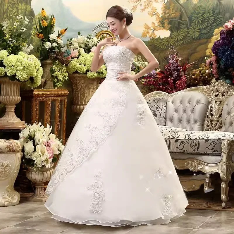 Cheap Simple Wedding Dress White Strapless Embroidery Lace up Princess Floor-length Bling Bride Ball Gowns Plus size XN011