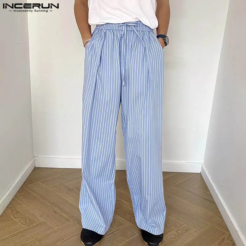 INCERUN 2024 Korean Style Trousers Fashion Mens Striped Drawstring Design Long Pants Casual Male Elastic Waisted Pantalons S-5XL