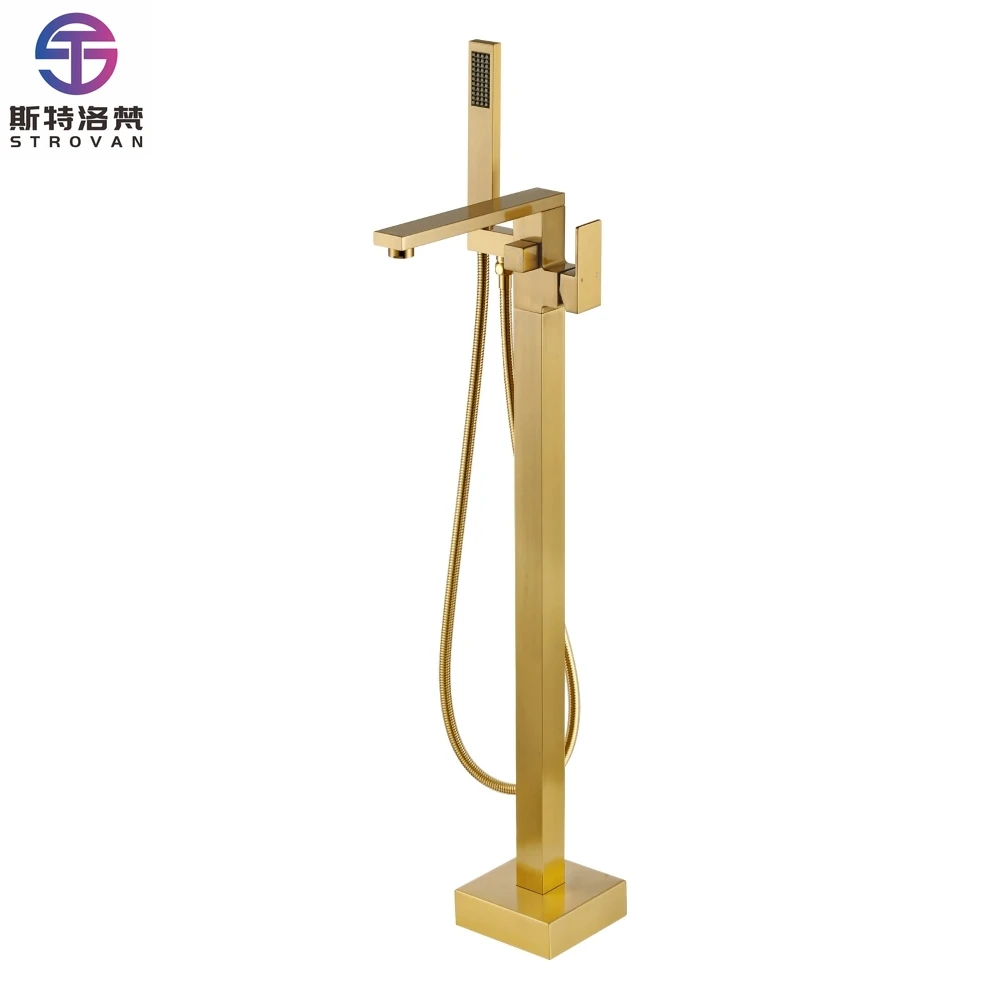 

Bathroom Brass Bathtub Shower Faucet Floor Standing Dual Function Brushed Gold Bathroom Bath Tub Faucet with Handheld Nozzle