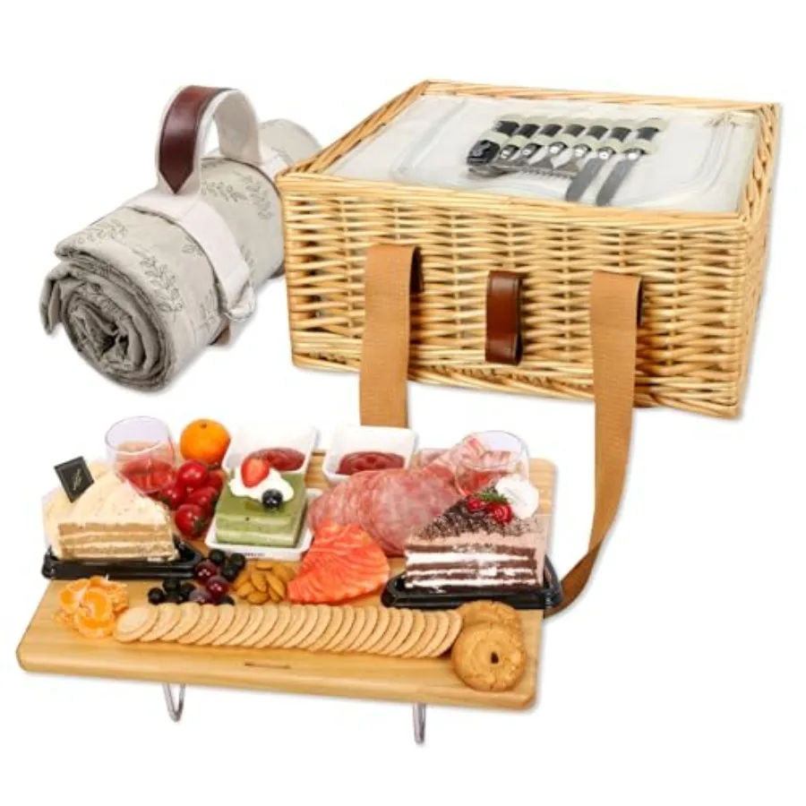 Cesta de Picnic de Mimbre para 2 Personas con Mesa Plegable para Vino, Bolsa Térmica Grande y Juego de Cubiertos para 2 Personas