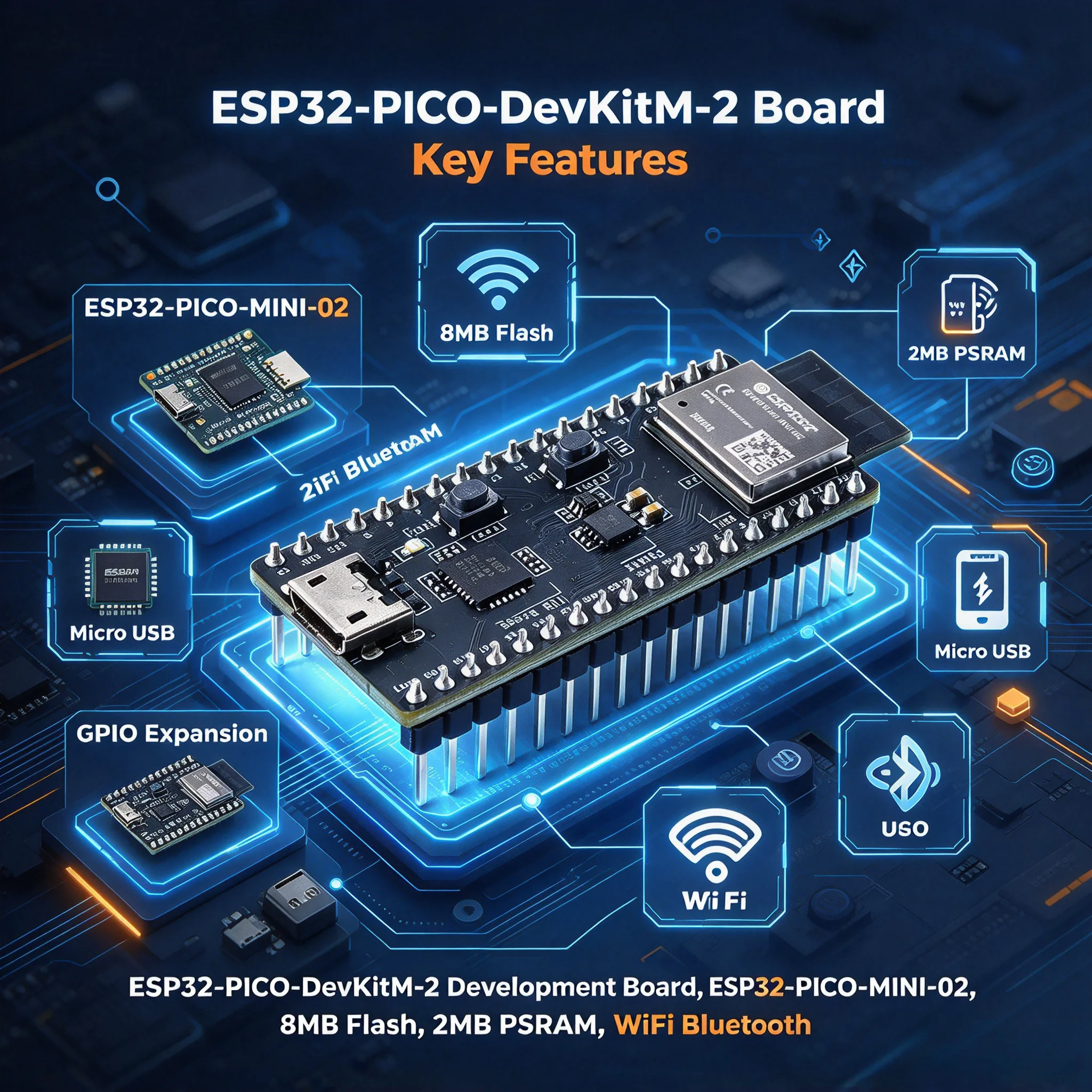 ESP32-PICO-DevKitM-2 Development Board ESP32-PICO-MINI-02 8MB Flash 2MB PSRAM WiFi Bluetooth