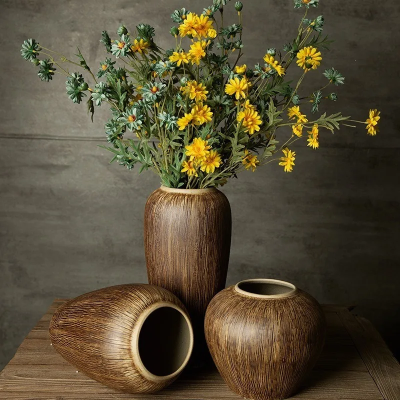 Ceramic Vase Aesthetic Japanese-style Vintage Vase Retro Threaded Dried Flowers Decoration Vases Elegant Home Table Ornament