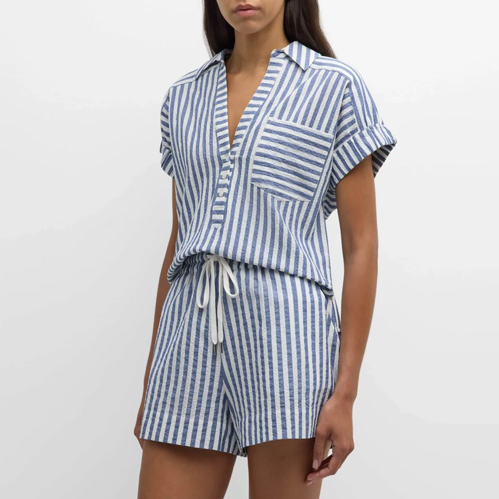 2025 Summer Short-Sleeved V-Neck Striped Blue/White Shorts Set Daily Office Casual Women's Set