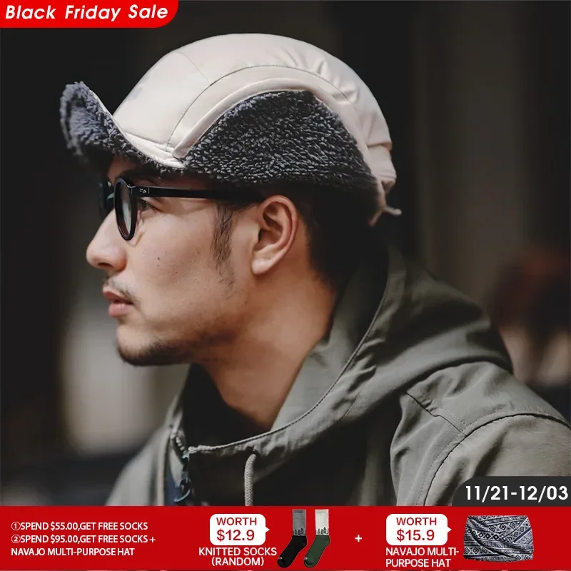 Maden Outdoor Earcuff Cap Vintage Fleece Ear Protection Hat Barnd Flat Brim Warm Aviator Caps 2023 Winter Gray 56-62cm Beanie