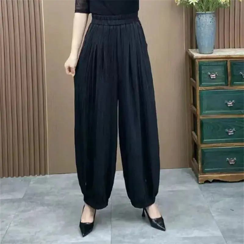 Women Summer Simplicity Loose Appear Thin Solid Color High Waist Bloomers Women Clothes Casual All-match Pleated Cotton Trousers