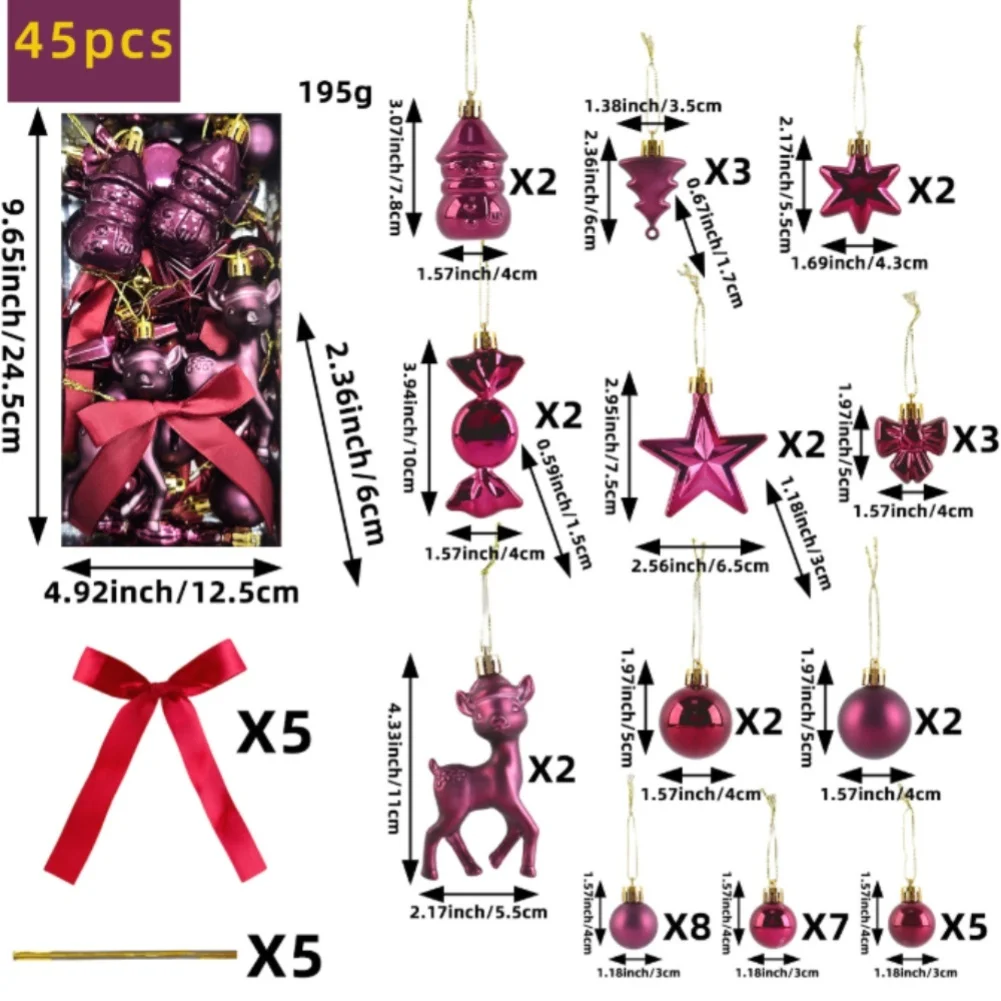 45PCS Christmas Tree Ornaments Set Snowman Deer Candy Bowtie Polystyrene Shatterproof European Style Hanging Decor For Home Part