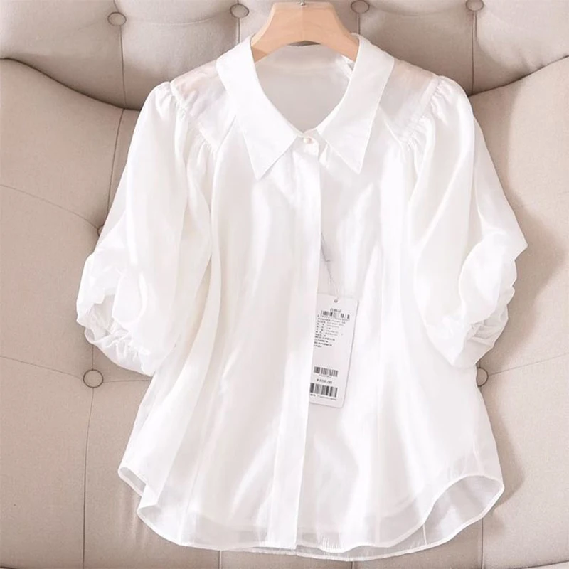 

French Style Elegant Solid Color Bubble Sleeve Shirt for Women Summer Age Reducing Loose Temperament Top Fashion Women Clothing