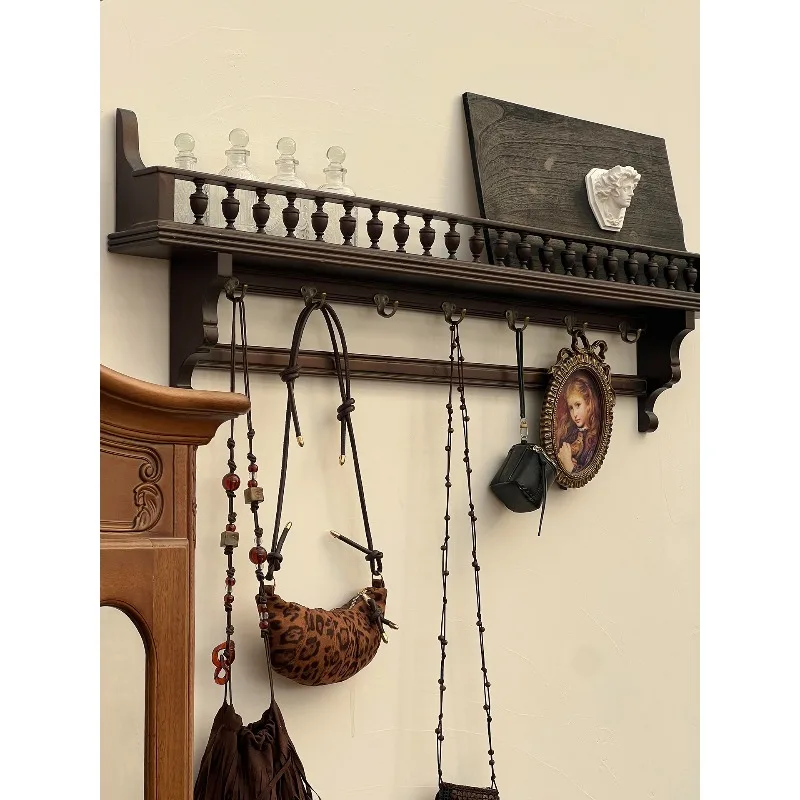 French retro solid wood clothes on the wall of the entrance, bag hangers, hats and clothes storage shelves
