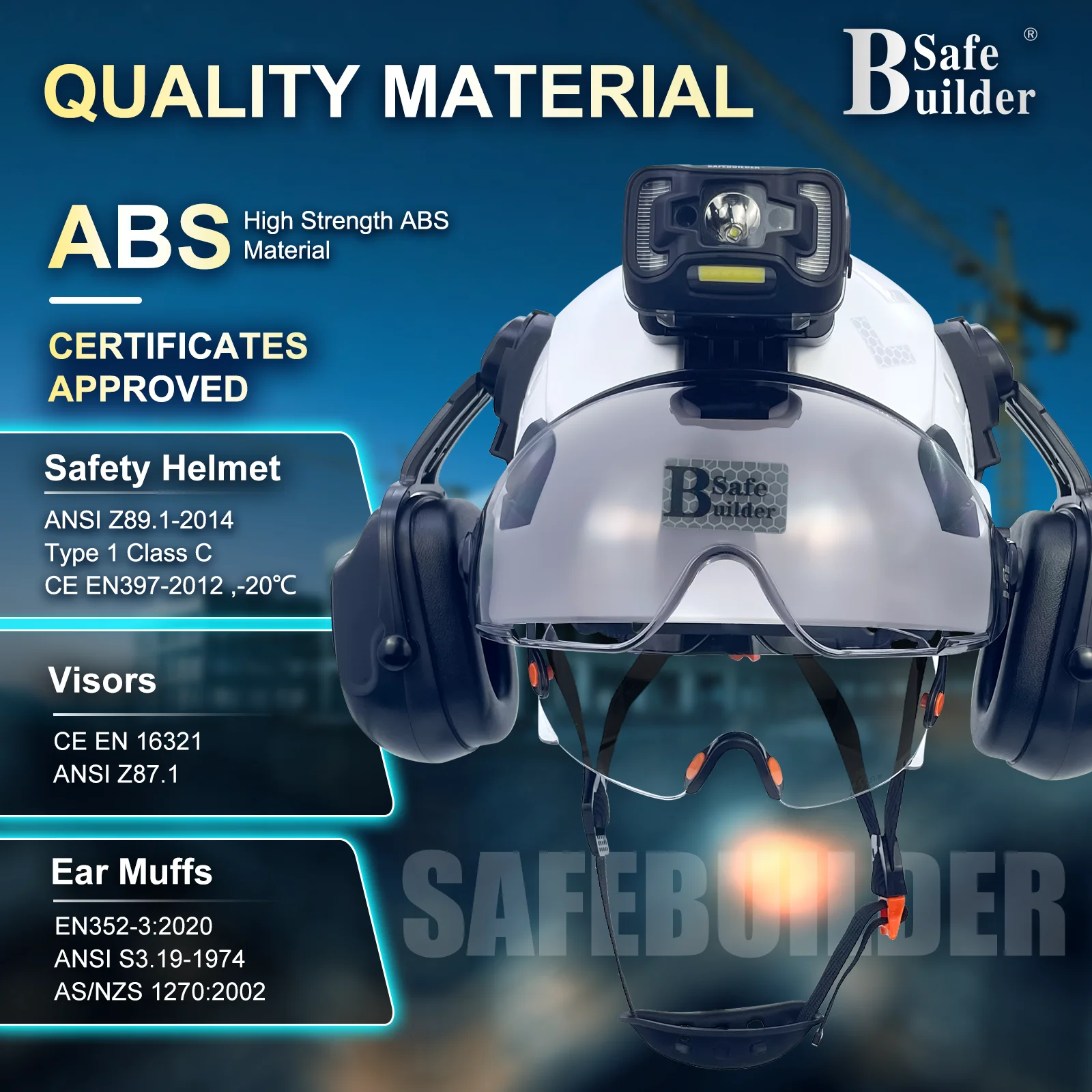 Safety Helmet with Visor Build In Headlight Ear Muffs,Safety Hard Hats with Rechargeable Headlamp for Men Work Industrial