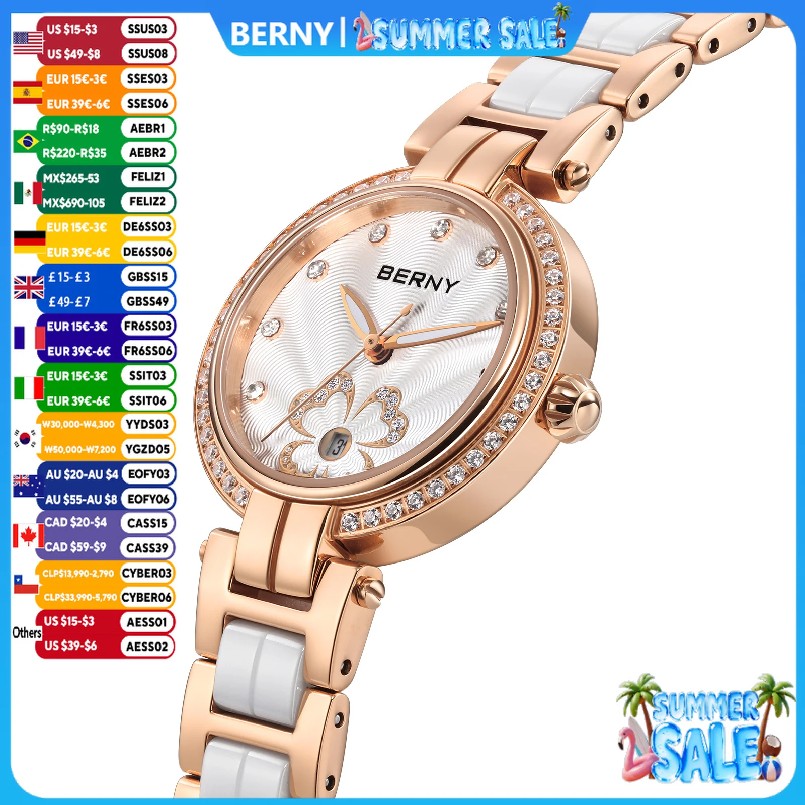 

BERNY Women's watches Luxury Elegant Ceramics Quartz Ladies Wristwatch Small Dial Stainless Steel Casual Simple Dress Watch